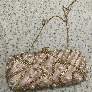 NEW Kate Landry Pearl & Gold Chain Satin Frame Clutch Champagne